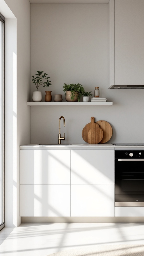 Modern minimalist kitchen with hidden storage solutions and open shelves