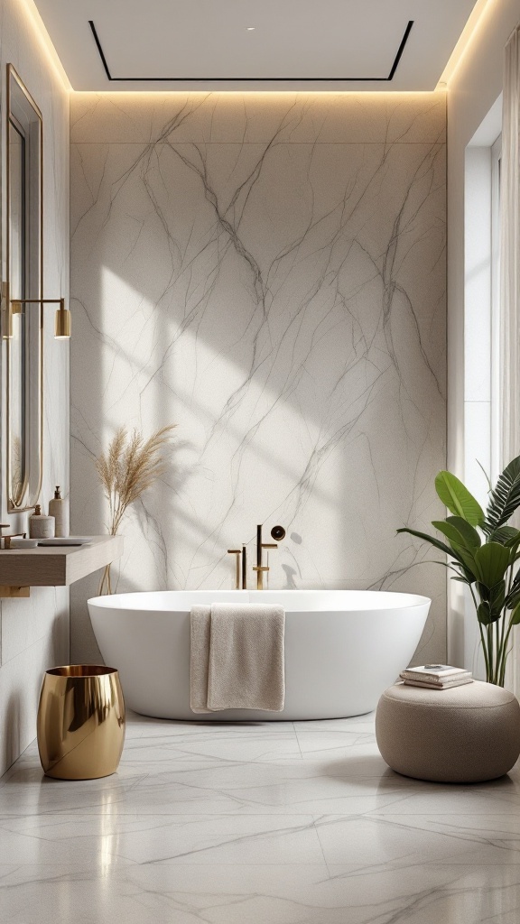 A modern luxury bathroom with marble walls, a freestanding tub, and elegant fixtures.