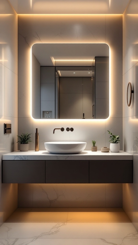 A sleek bathroom featuring a stylish sink, modern mirror with lighting, and minimalistic decor.