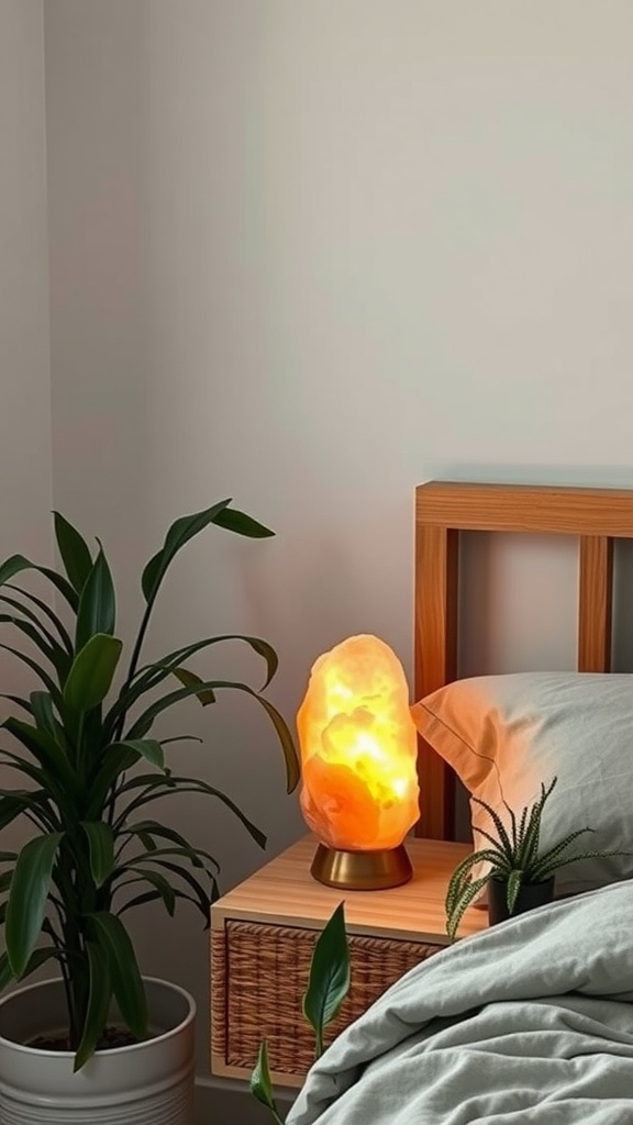 A Himalayan salt lamp glowing beside a bed with plants.