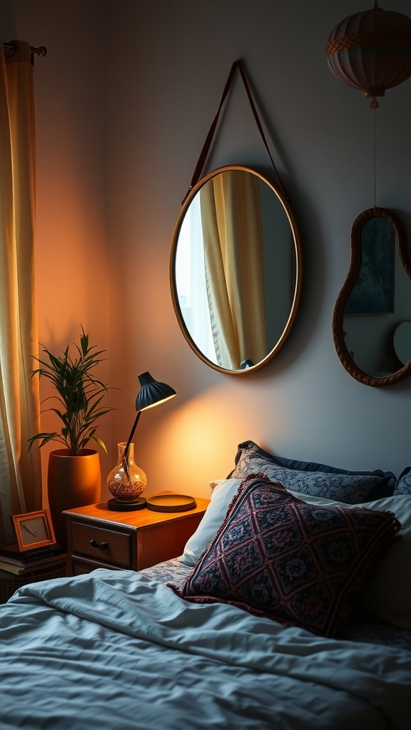 A cozy boho bedroom featuring illuminated wall mirrors with warm lighting.