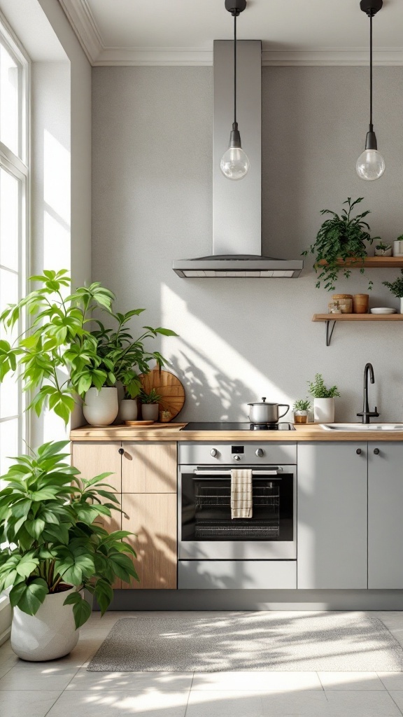 20+ Modern Minimalist Kitchen Ideas for a Sleek and Stylish Space 19 A modern minimalist kitchen featuring indoor plants, a sleek oven, and natural light.