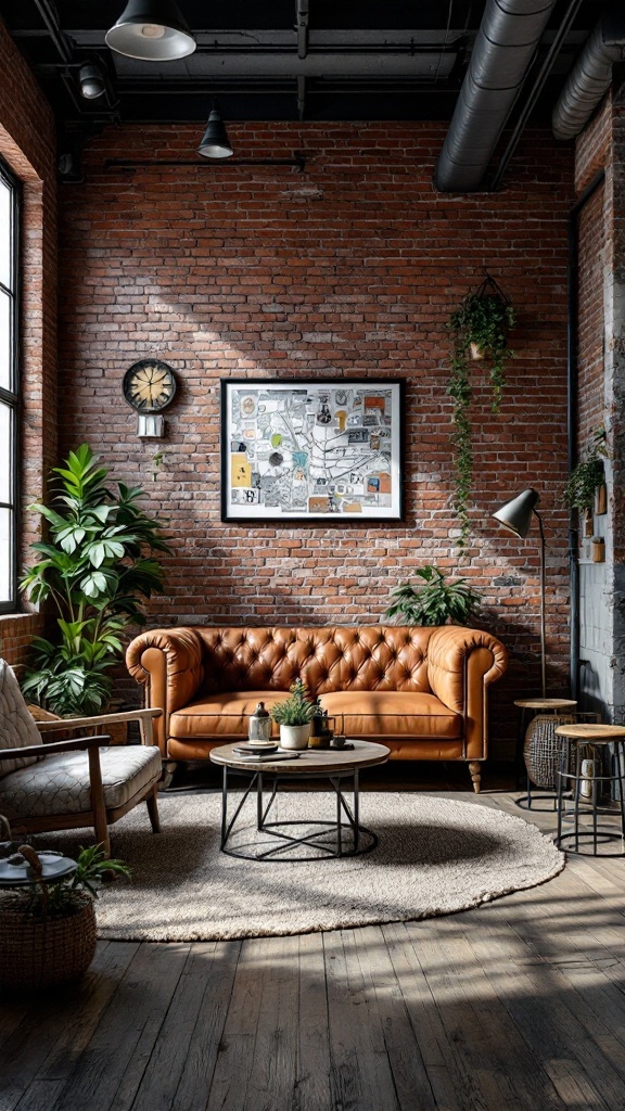 Modern living room featuring exposed brick walls, a leather sofa, and wooden furniture.