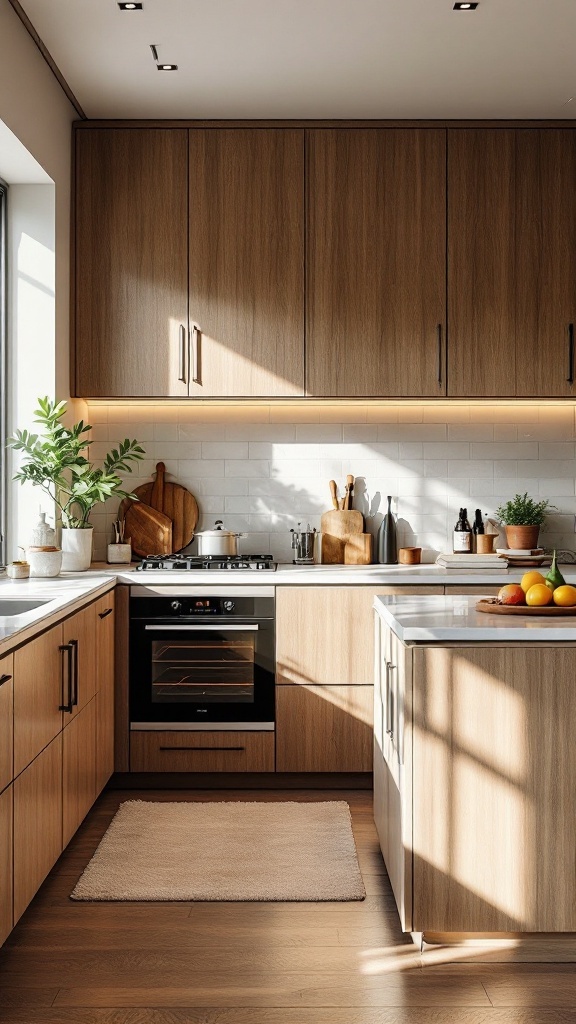 A modern minimalist kitchen featuring integrated appliances, warm wood cabinetry, and bright natural light.