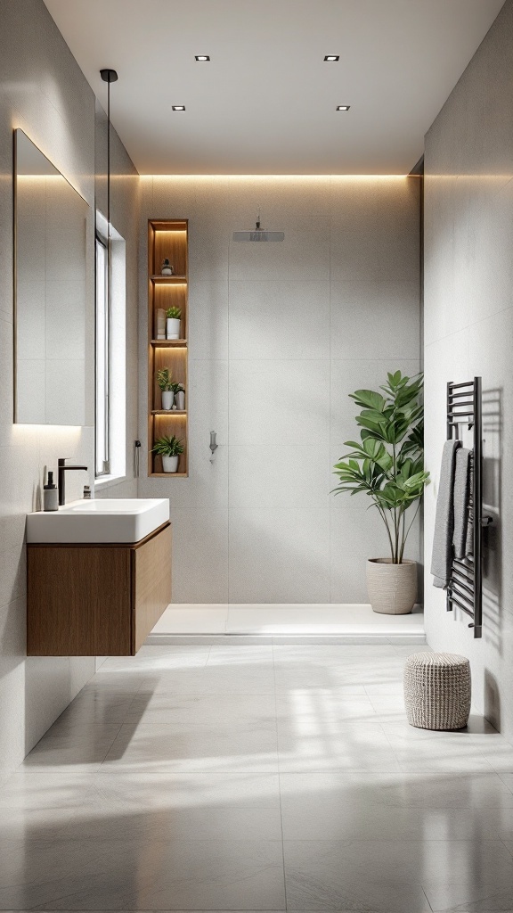 Modern luxury bathroom with integrated storage solutions and plants.