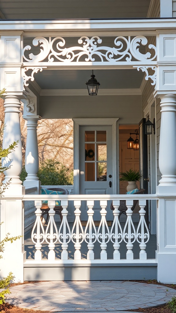 A beautiful porch with intricate white railings and a welcoming entrance.