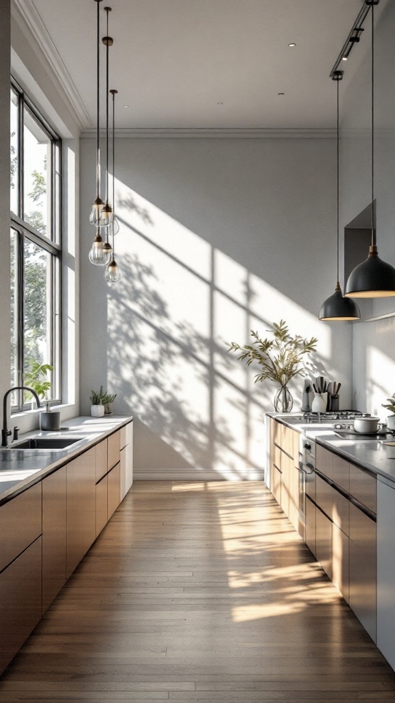 A modern minimalist kitchen featuring large windows that allow natural light to fill the space.