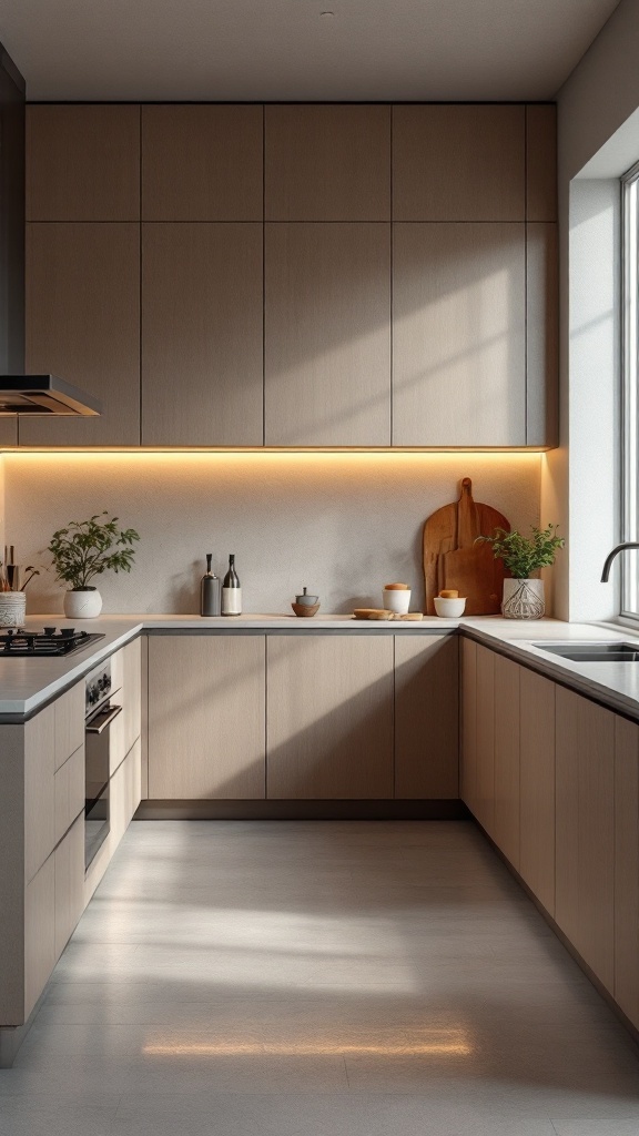 A modern minimalist kitchen with layered lighting, showcasing warm tones and a clean design.