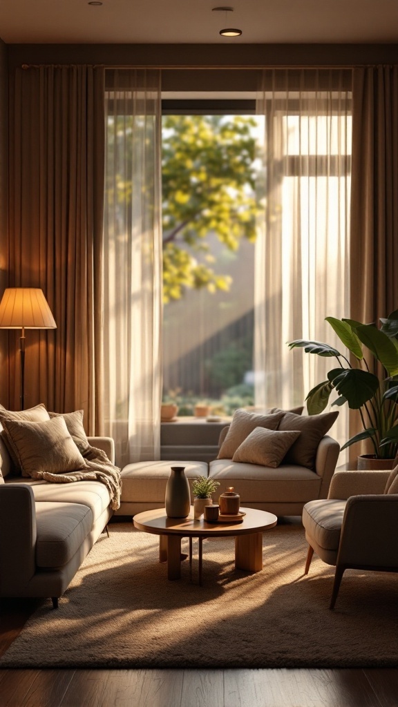 A cozy modern living room with layered lighting, featuring a sofa, armchairs, a coffee table, and large windows with curtains.