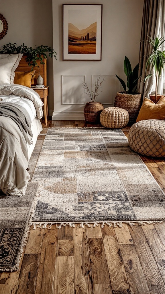 A cozy bedroom featuring layered rugs, wooden flooring, and decorative plants.