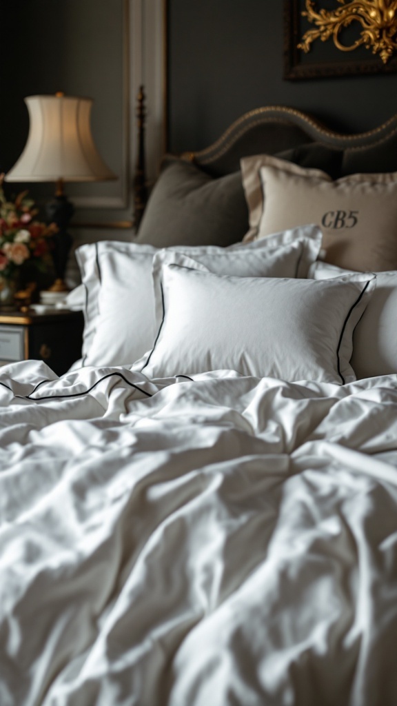 A luxurious bed with white bedding and black piping, complemented by plush pillows.