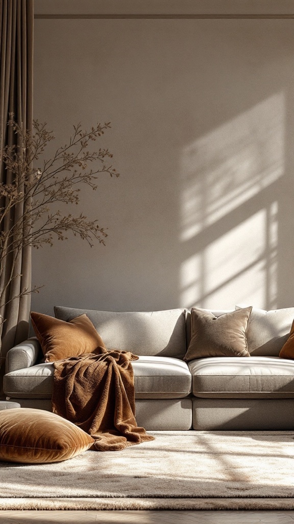 A modern living room featuring a light-colored sofa, brown cushions, a cozy throw, and soft rug, with natural light casting shadows.