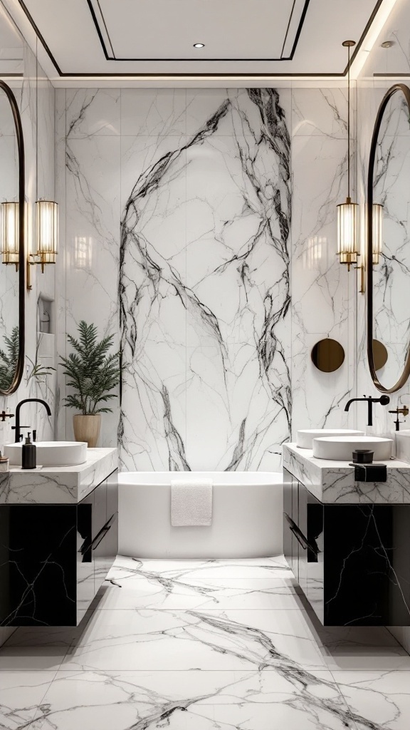 Modern luxury bathroom featuring elegant marble finishes and sleek black fixtures.