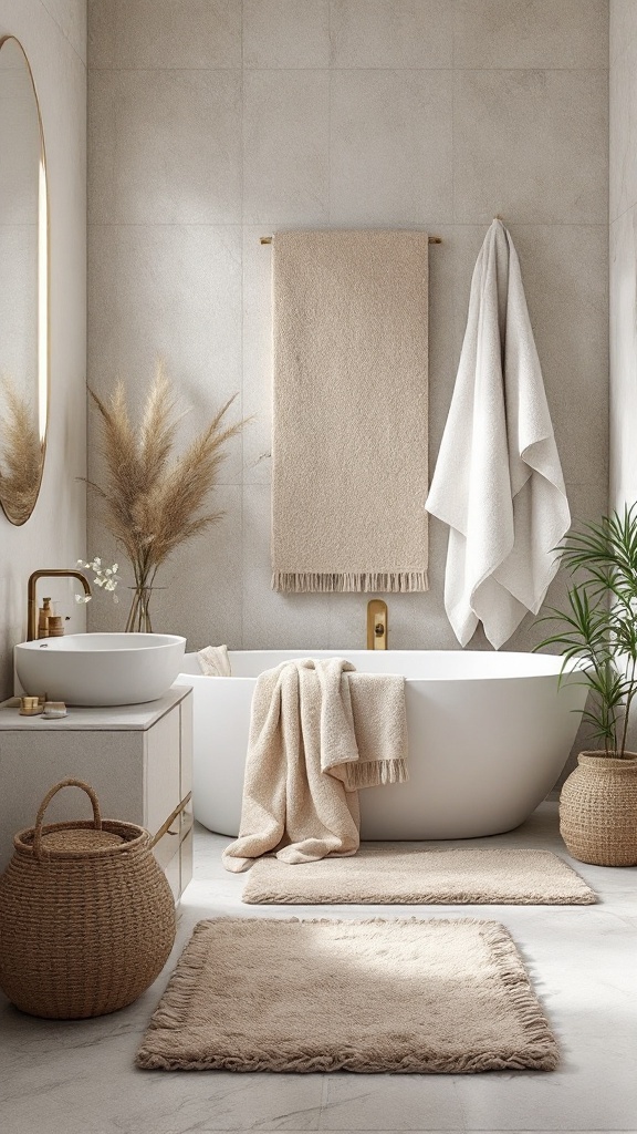 A modern luxury bathroom featuring soft textiles, including plush towels and area rugs, with a neutral color palette.