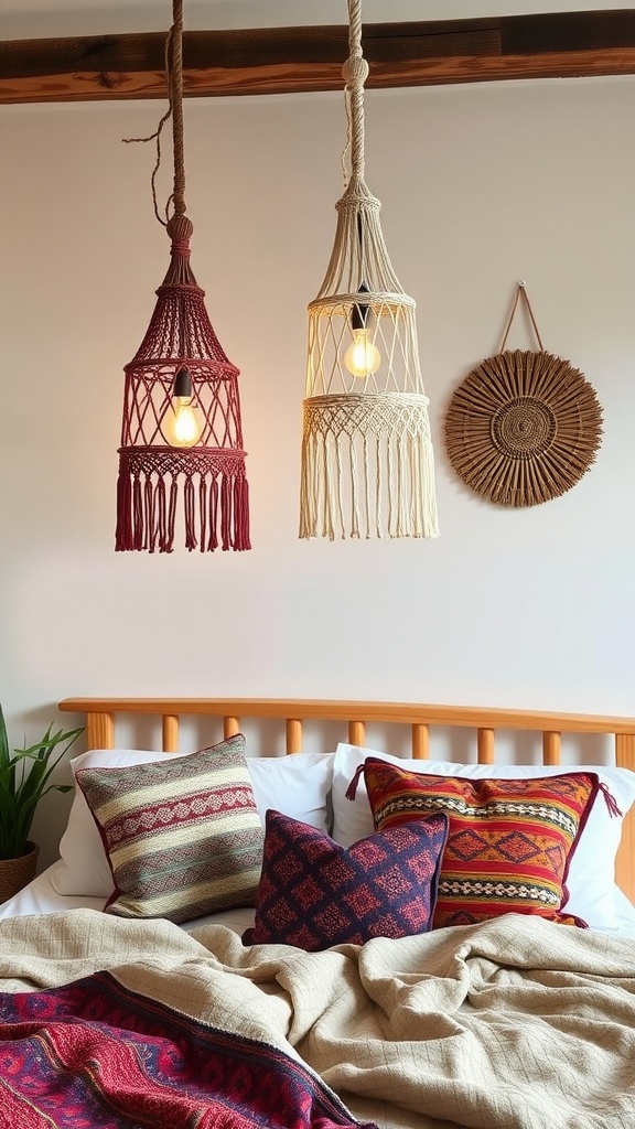 Two macrame hanging light fixtures, one in red and one in cream, hanging above a bed adorned with patterned pillows and a textured blanket.