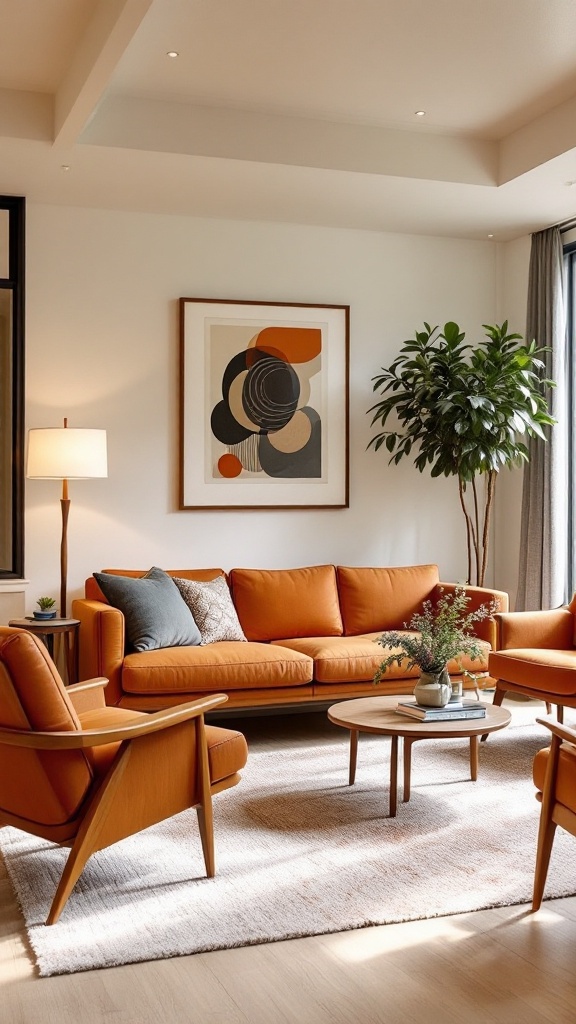 A cozy mid-century modern living room featuring natural wood furniture, plants, and soft lighting.