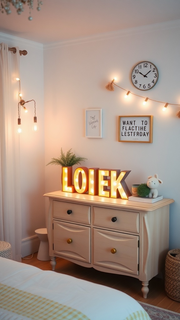 A cozy bedroom setup featuring miniature marquee letters spelling 'LOIEK' on a dresser, with soft lighting and decorative elements.