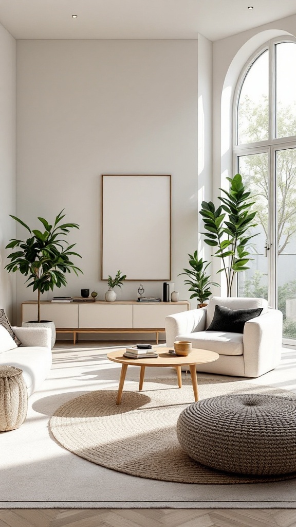 A modern living room featuring minimalist design with neutral tones and large windows.