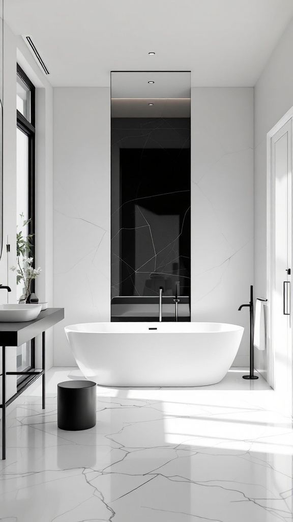 A modern luxury bathroom featuring minimalist design with monochrome accents.