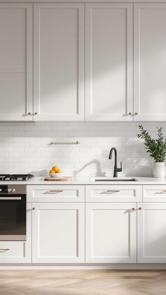 A modern minimalist kitchen featuring white cabinets with gold hardware and a clean design.