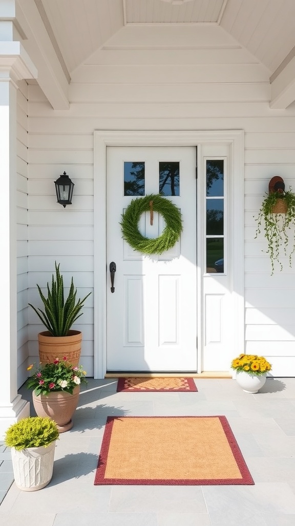 A modern minimalist porch with a white door, green wreath, and potted plants.