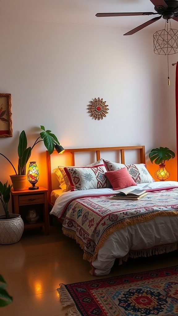 A cozy boho bedroom featuring mosaic tile night lights on either side of the bed