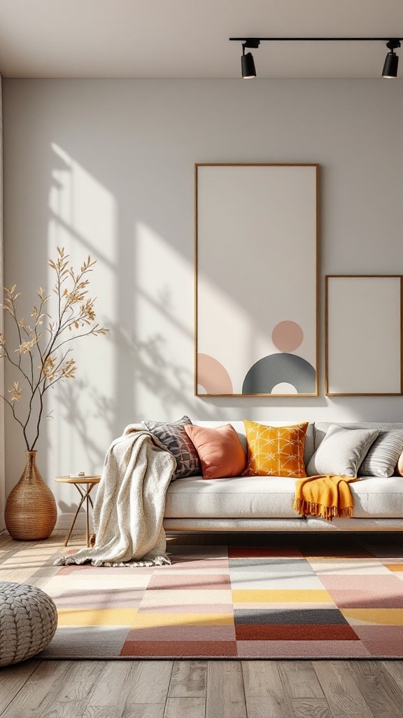 A modern living room featuring a geometric patterned rug and colorful cushions on a light sofa.