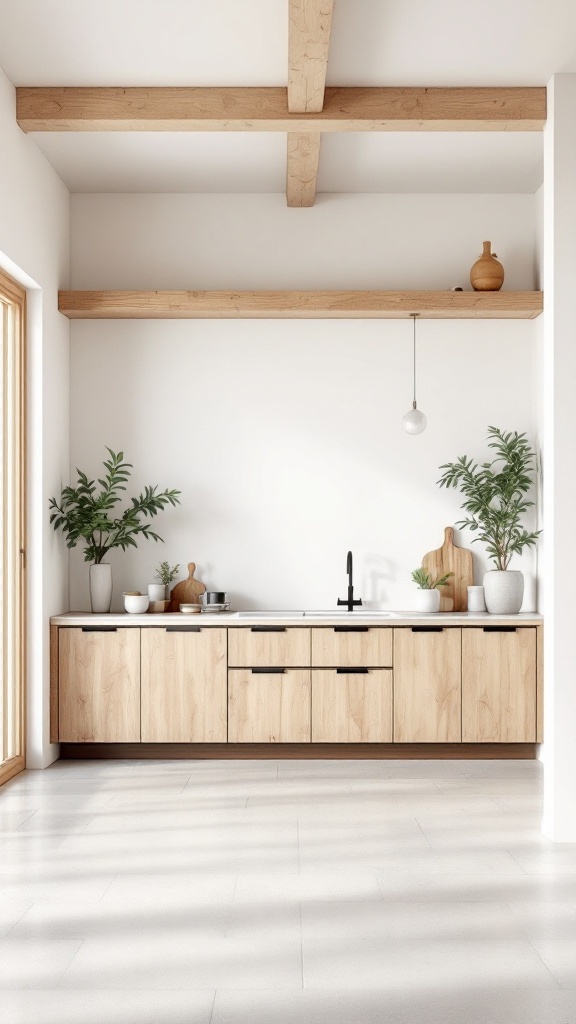 Minimalist kitchen with natural wood accents and plants.