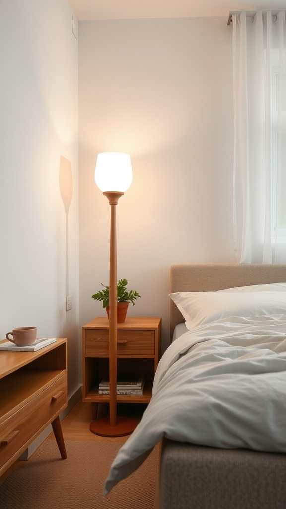 A cozy bedroom featuring a natural wood floor lamp next to a bed.