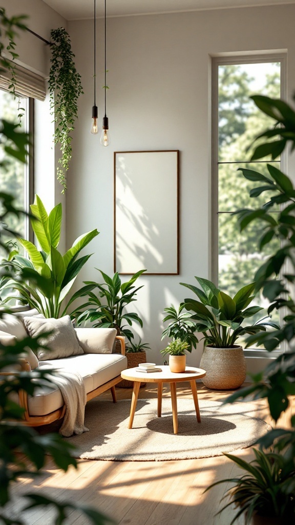 A nature-inspired modern living room featuring large plants, a cozy sofa, and natural light.