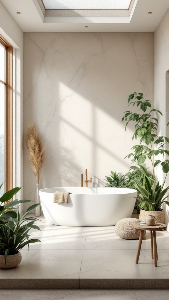 A modern luxury bathroom featuring a freestanding white bathtub surrounded by tropical plants and natural light.