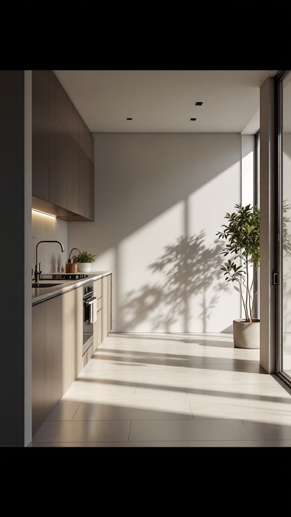 Modern minimalist kitchen with neutral flooring and natural light.