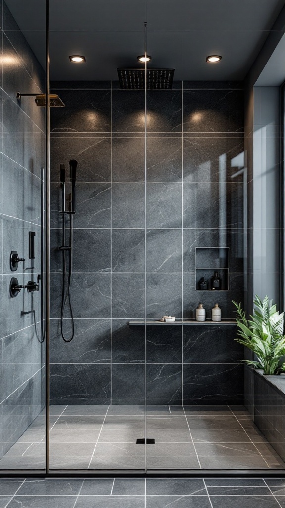 Open concept shower with glass walls in a modern luxury bathroom.