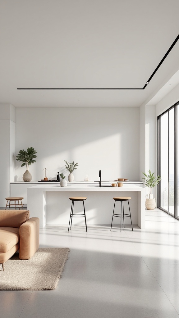 Modern minimalist kitchen with open floor plan and natural light.