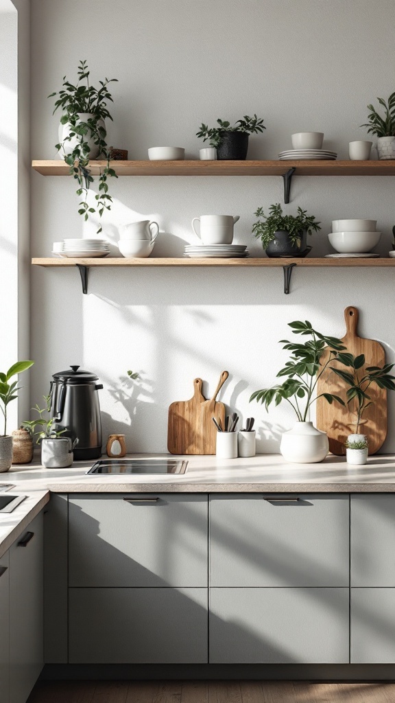 Minimalist kitchen with open shelving displaying plants and dishware