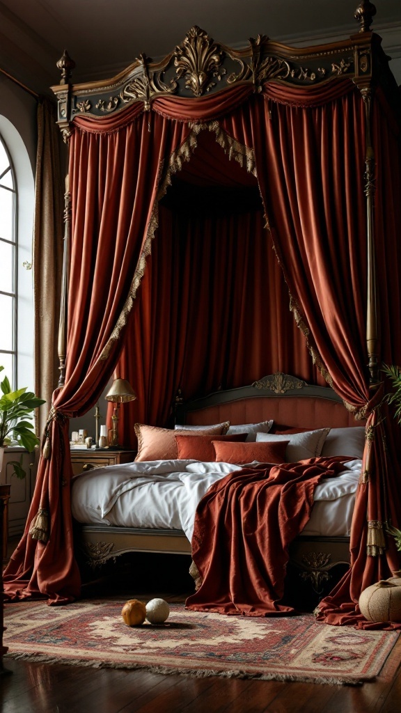 A luxurious canopy bed with rich red drapes and intricate detailing, set in an elegant bedroom.