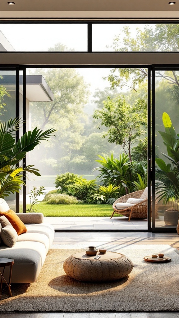 A modern living room with large windows overlooking a lush green garden.