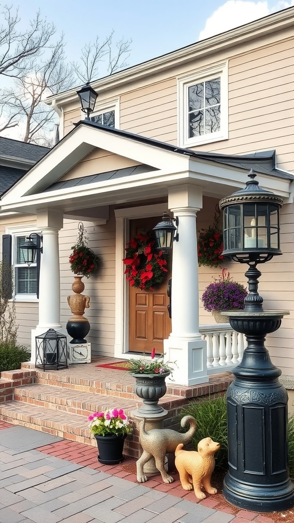 A beautiful front porch featuring decorative sculptures and vibrant flowers.