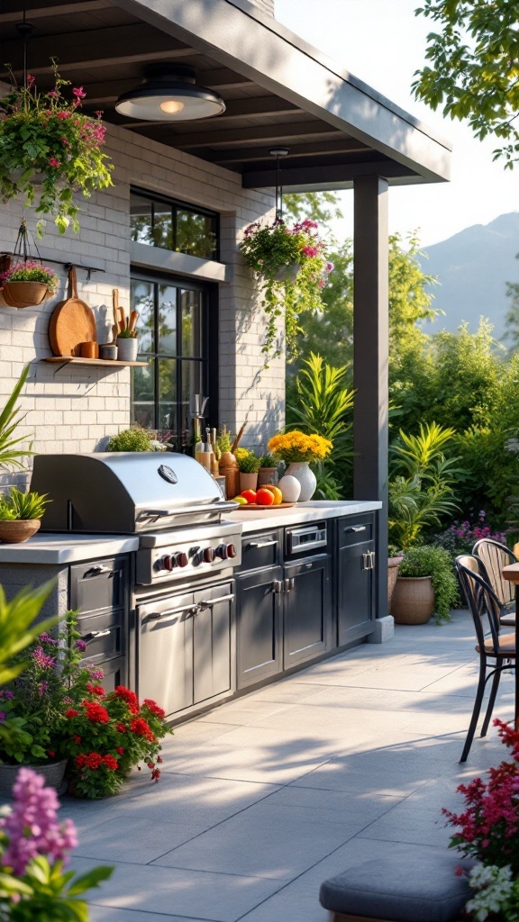 A stylish outdoor kitchen with a grill, counter space, and colorful plants surrounding it.