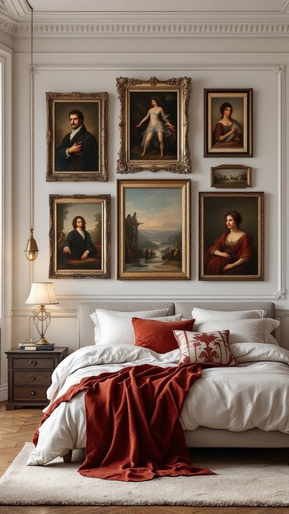 Old money bedroom featuring a collection of framed portraits and landscapes on the wall.