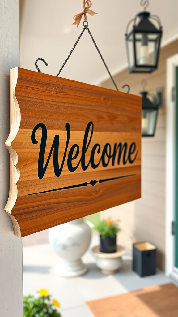 A wooden sign with the name 'Holome' hanging near a front door, surrounded by potted plants.