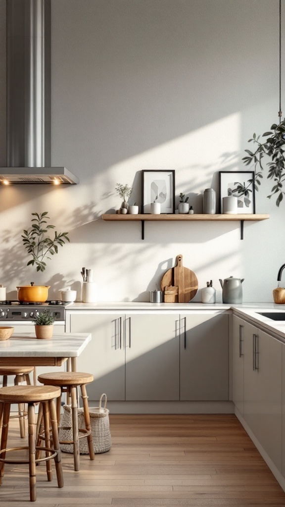 Modern minimalist kitchen with personal touches like plants and decor.