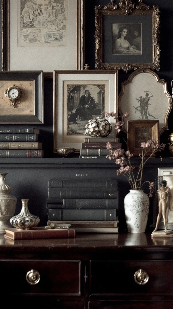 A collection of vintage books, a decorative vase, and a clock on a bedspread.