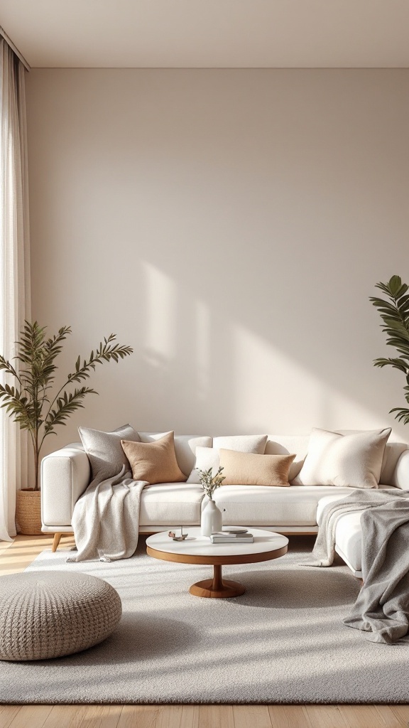 A modern living room featuring a cozy white sofa with beige pillows, a round coffee table, and plants, creating a calming zen space.