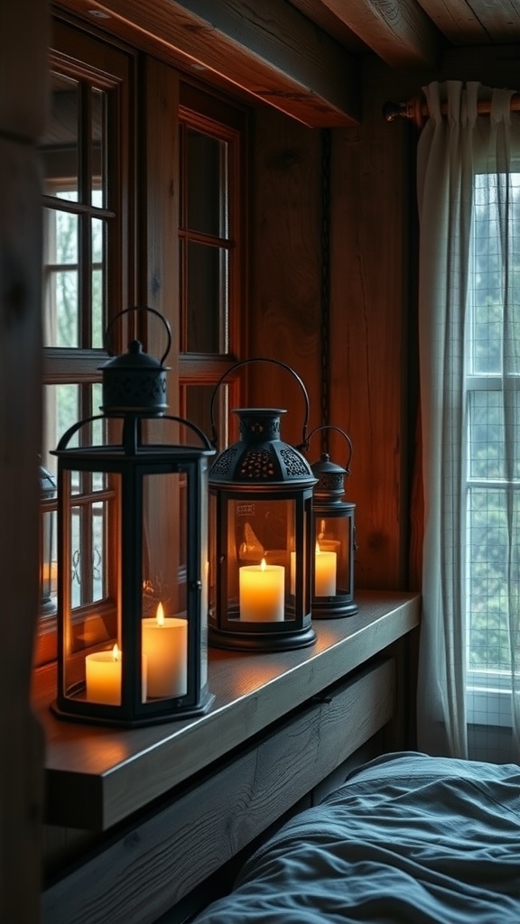 Rustic lanterns with candles on a wooden shelf next to a bed in a cozy bedroom.