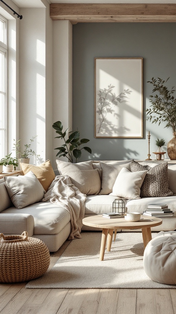 A cozy Scandinavian-inspired living room with a light color palette and soft furnishings.