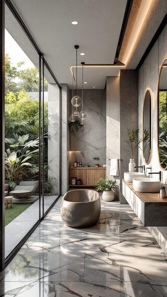 A modern luxury bathroom with large glass walls, plants outside, and a stylish bathtub.