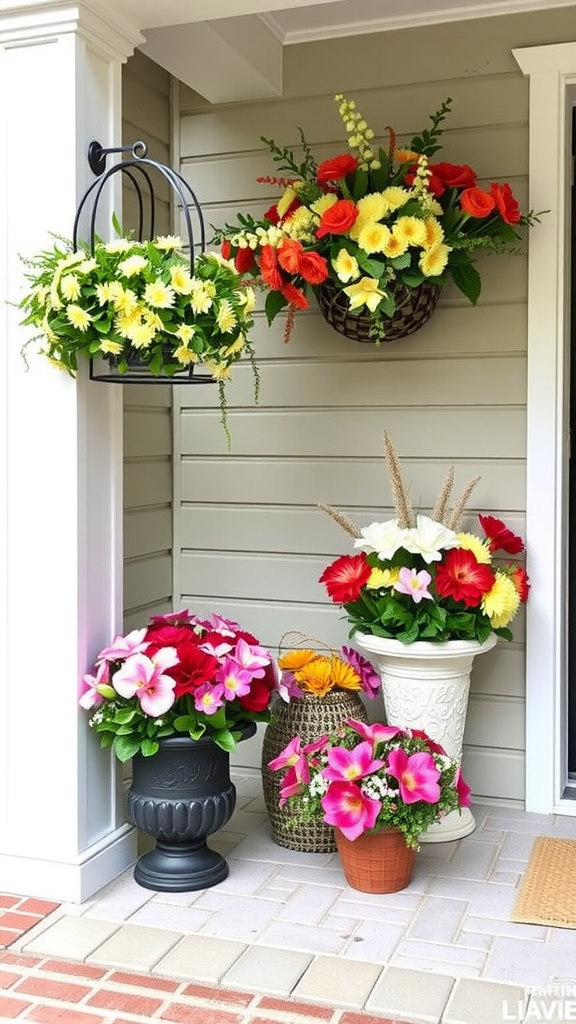 Colorful flower arrangements on a front porch with a hanging basket.