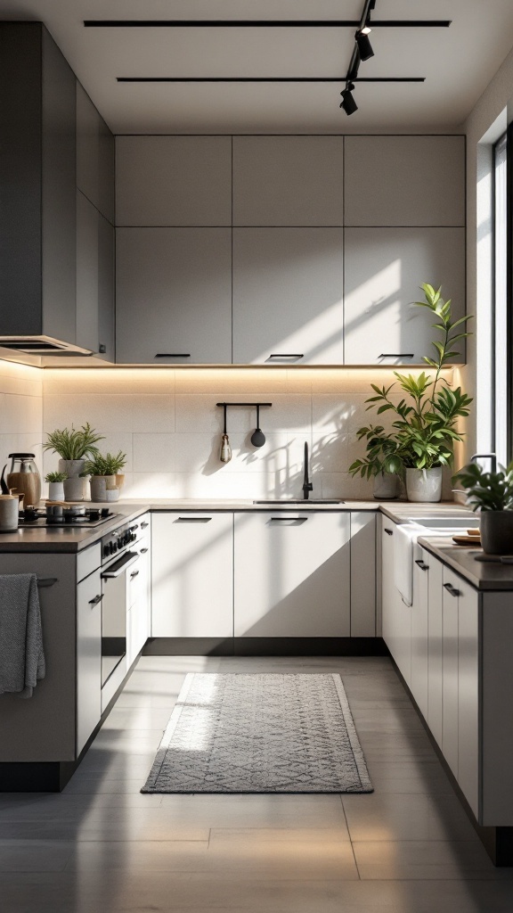 A modern minimalist kitchen featuring simple geometric shapes, natural light, and plants.