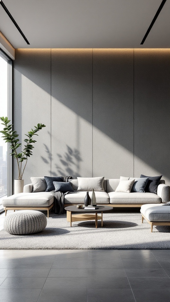 A modern living room with sleek furniture, clean lines, and natural light.